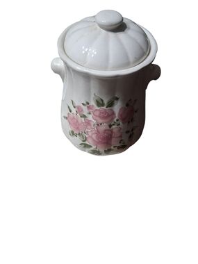 White Ceramic Floral Canister with Pink Rose Motif